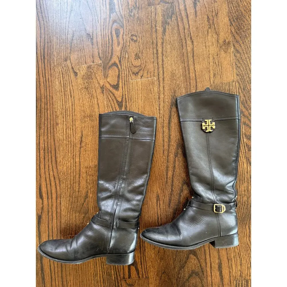 TORY BURCH Eloise Women's Boot US 8 Black Leather Zip Tall Riding Boots FLAW